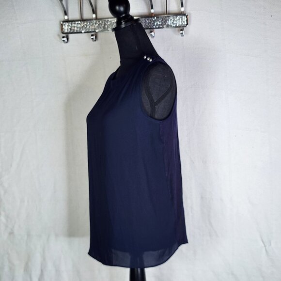 Loft Navy Sleeveless Duo Fabric Poly Front Rayon Back Faux Pearl Detail Top Sz M - Picture 7 of 16